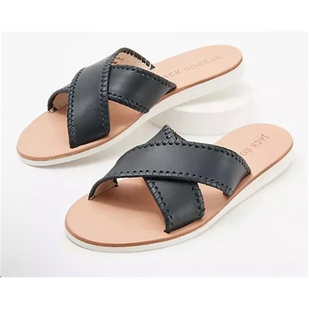 Jack Rogers Sloane X Band Boating Sandal Black Leather Whipstitch Womens 9 New